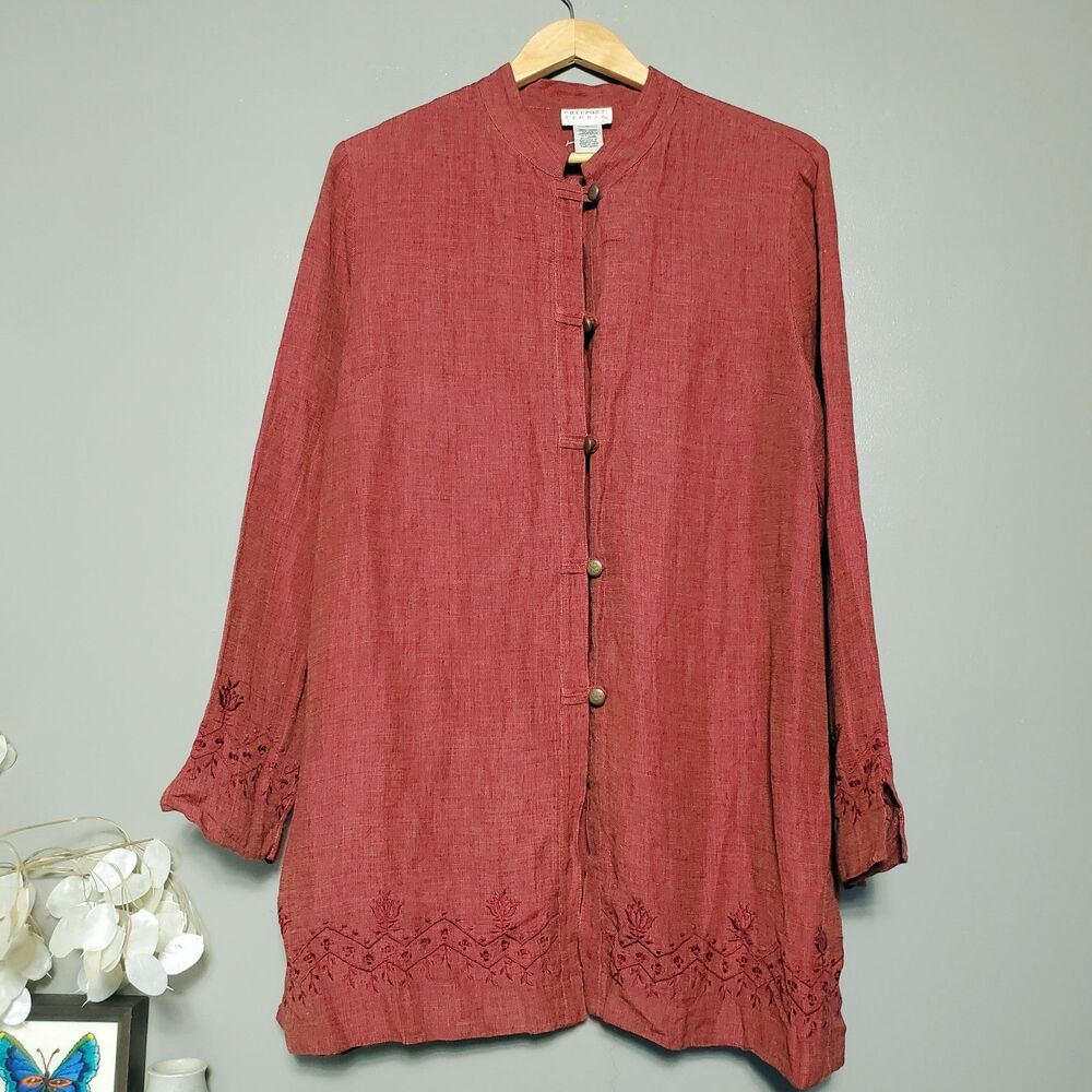 Vintage Freeport Studio Tunic Top Size Large Linen Blend Asian Inspired Buttons